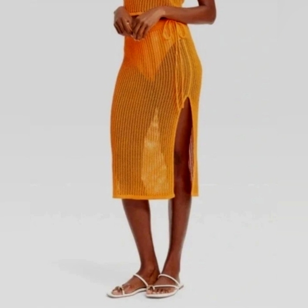 Beach Bungalow Openwork Midi Skirt Cover Up, Orange, Size M, NWT